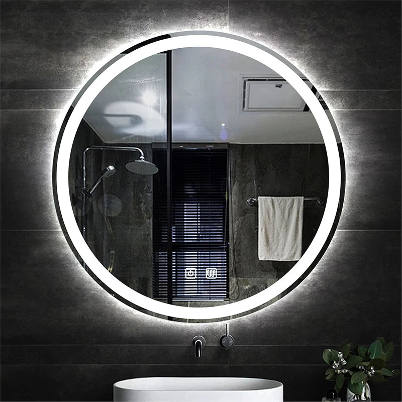 31Inch round Smart Make-Up Mirror with LED Light Backlight Tri-Color Touch Defogging Wall Hanging Bathroom Mirror Vanity Mirror