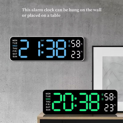 9 Inch Large Digital Wall Clock USB Powered TEMP Humidity Week Auto Dimmer DST Table Clock 12/24H Electronic LED Alarm Clock